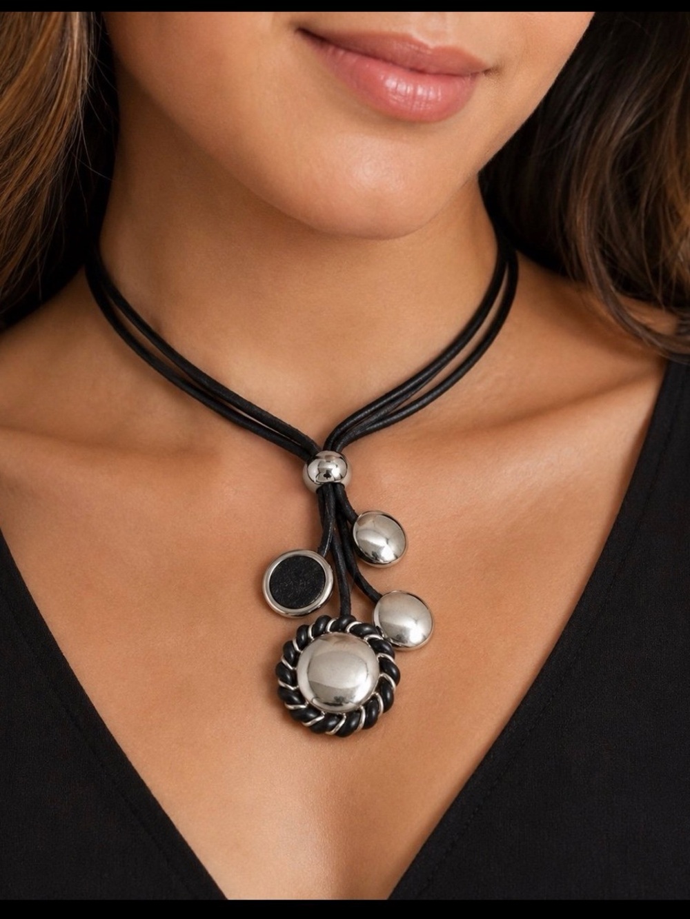 VTG Black Leather Multi Strand Choker Necklace Stainless Steel Pendant Boho